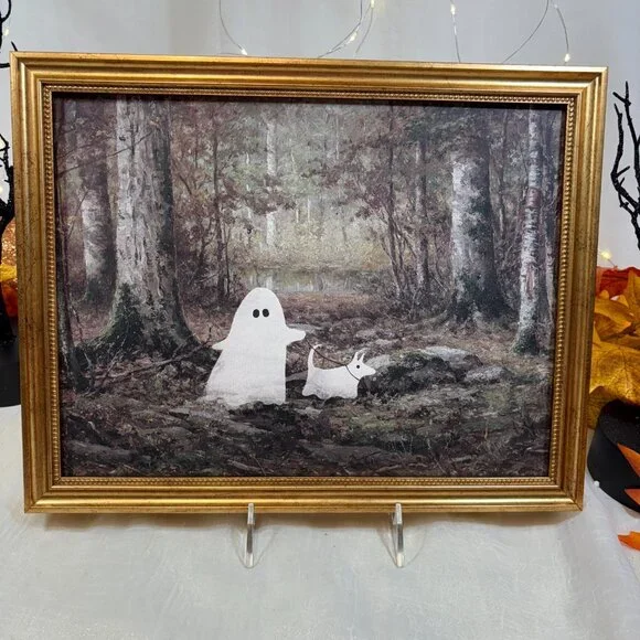 Halloween Ghost Walk Ghost Dog In the Woods Wall Art Gold Frame Viral TikTok - Picture 4 of 7